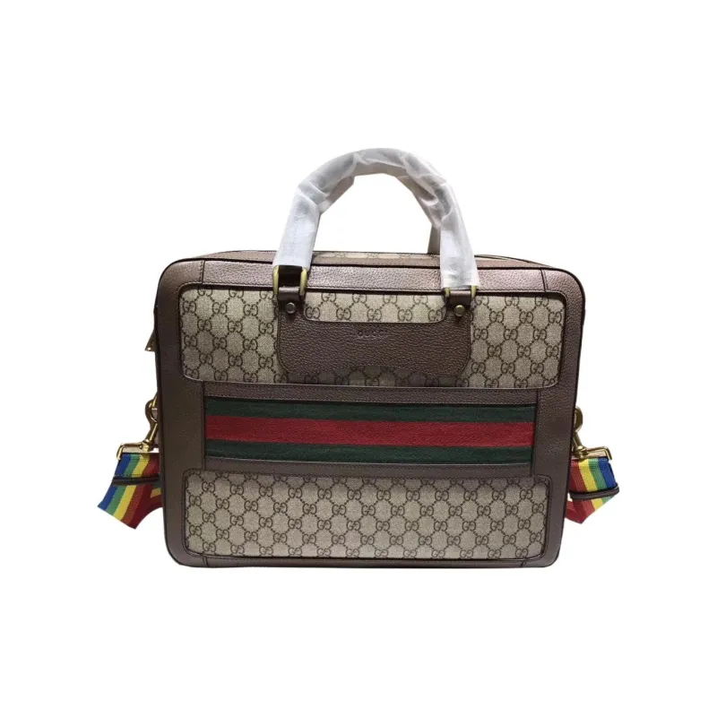 GUCCI Leather Canvas Briefcase Shoulder Bag Crossbody Bag Handbag Men's Ebony Brown-1