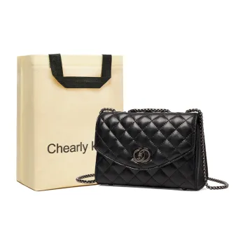 Chearly Kitity Cow Leather Chain Crossbody Bags Regular Women's Classic Black/Milkshake White