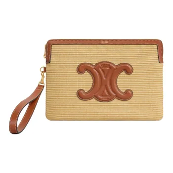 CELINE Plant Material Fabric Cow Leather Patchwork Binding Clutch Small Size Women's Natural Color & Brown Umber