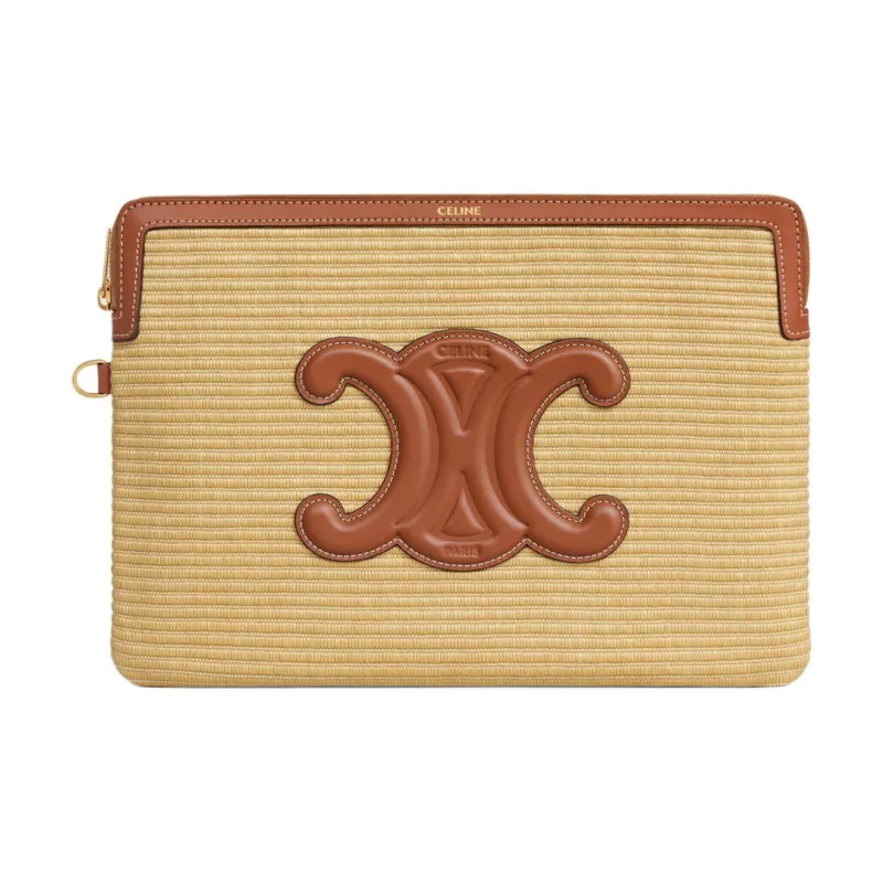 CELINE Plant Material Fabric Cow Leather Patchwork Binding Clutch Small Size Women's Natural Color & Brown Umber-1