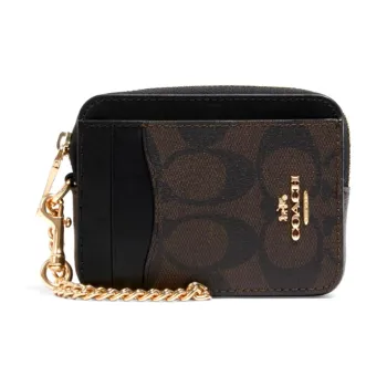 COACH Card Case Canvas With Leather Card Holder Women's Black Brown Monogram