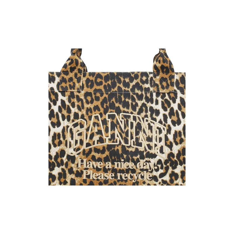 GANNI Recycled Cotton Tote Bag, Shopping Bag, Handbag Extra Large Women's Leopard Print-2