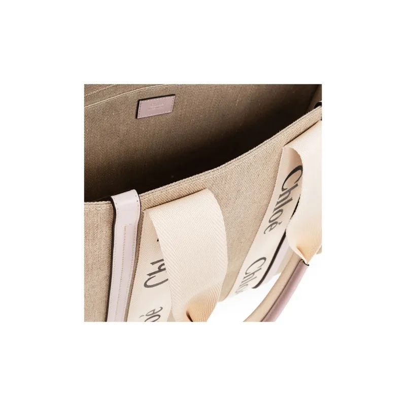 Chloe Woody Linen With Canvas And Calfskin Trim Canvas Bag Tote Bag Shopping Bag Handbag Large Size Women's Pink-3