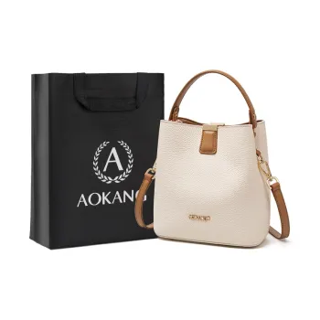 AOKANG Cow Leather Bucket Bag Handbag Armhole Shoulder Bag Commute Crossbody Bag Women's Ecru/Classic Black/Almond