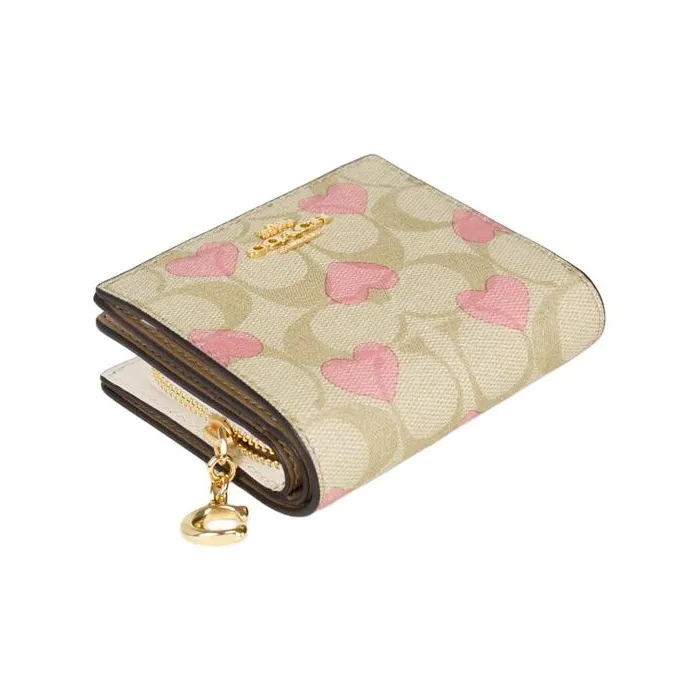 COACH Snap Wallet Iconic Coated Canvas With Smooth Leather Wallet Mini Women's Gold & Light Khaki & Chalk Multicolor-3