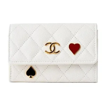 CHANEL Leather Card Holder Regular Unisex White