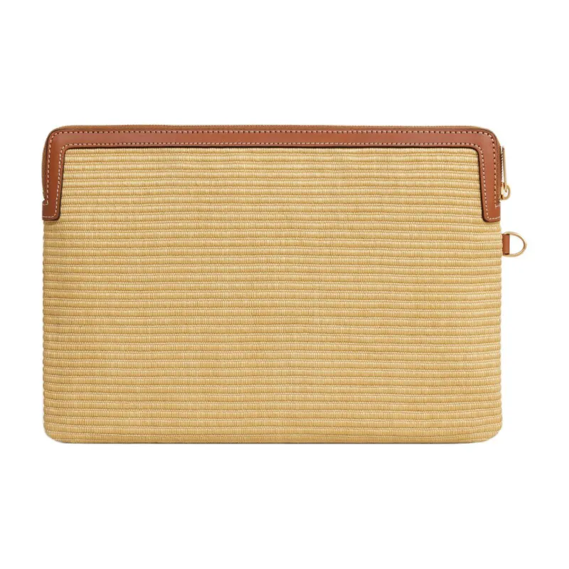 CELINE Plant Material Fabric Cow Leather Patchwork Binding Clutch Small Size Women's Natural Color & Brown Umber-3