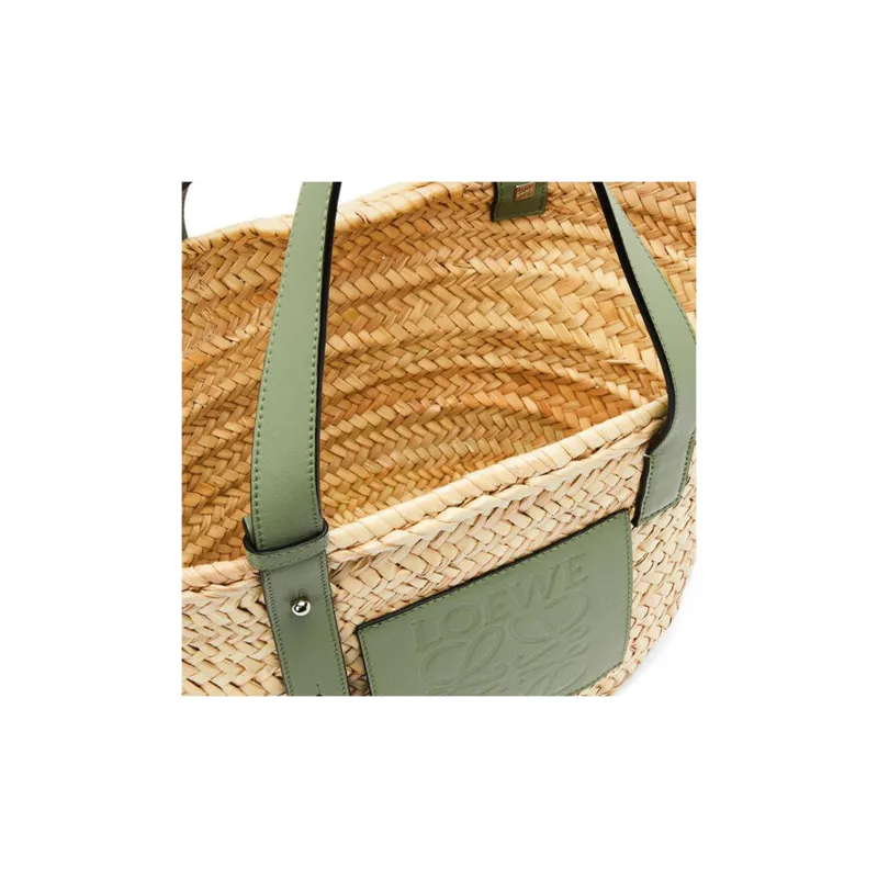 LOEWE Basket Palm Fiber Cow Leather Basket Bag Tote Bag Shopping Bag Handbag Medium Size Women's Green-3