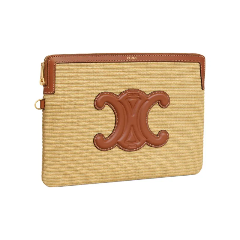 CELINE Plant Material Fabric Cow Leather Patchwork Binding Clutch Small Size Women's Natural Color & Brown Umber-2