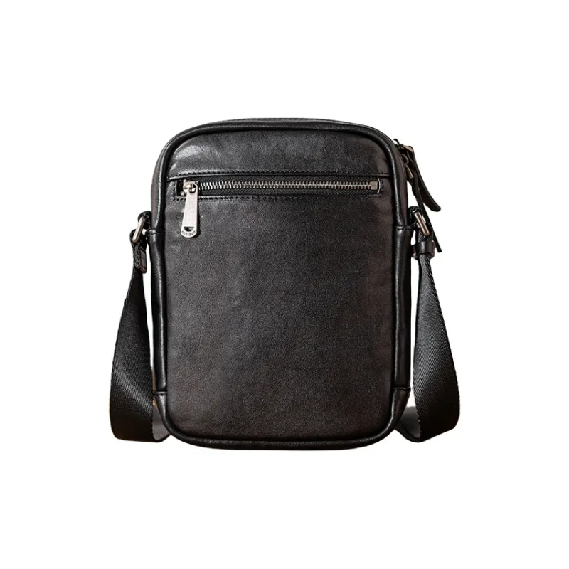 Back Step Top Grain Vegetable Tanned Cow Leather Genuine Leather Shoulder Bag, Crossbody Bag Unisex Black-2