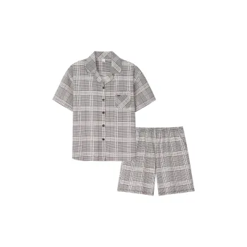 Sha Qian Pajama Set Summer Women's Gray Plaid