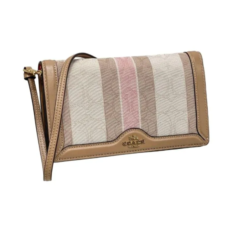 COACH Jacquard Canvas With Leather Small Square Bag, Crossbody Bag Trumpets Women's Khaki & Multicolor Stripes-3