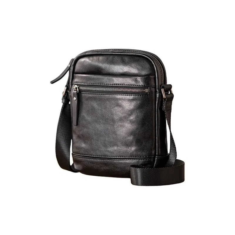 Back Step Top Grain Vegetable Tanned Cow Leather Genuine Leather Shoulder Bag, Crossbody Bag Unisex Black-1