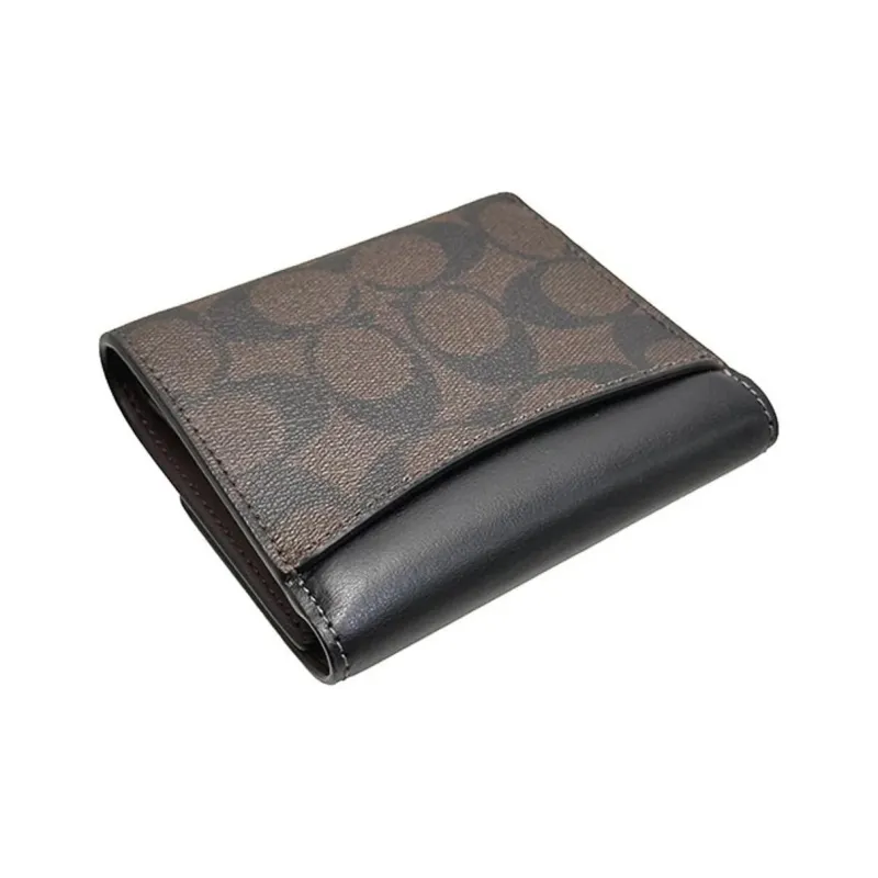 COACH Trifold Wallet Canvas With Leather Card Holder, Wallet Small Size Women's Brown & Black-5