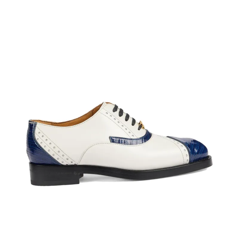 GUCCI Leather Lace up Shoes White Blue Women's-1