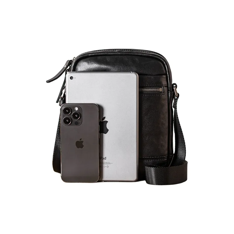 Back Step Top Grain Vegetable Tanned Cow Leather Genuine Leather Shoulder Bag, Crossbody Bag Unisex Black-4