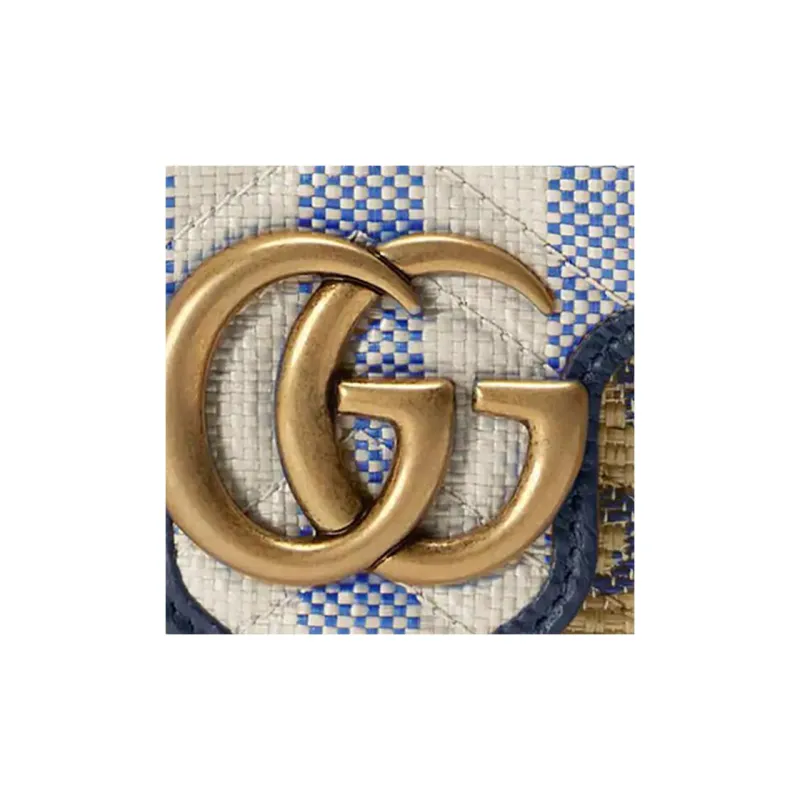GUCCI GG Marmont Raffia Effect Fabric Envelope Bag, Crossbody Bag Mini Women's Beige/Blue-7