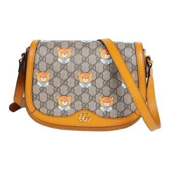 GUCCI Ophidia Webbing Canvas With Leather Saddle Bag Crossbody Shoulder Bag Women's Brown & Orange