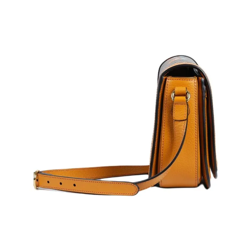 GUCCI Ophidia Webbing Canvas With Leather Saddle Bag, Crossbody Bag, Shoulder Bag Trumpets Women's Brown & Orange-2