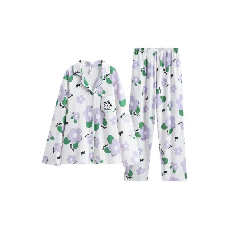 FENTENG Pajama Set Women's White Base With Flowers-0