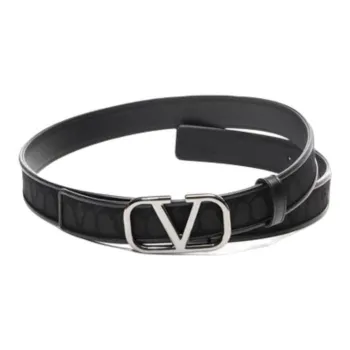 Valentino Logo Identification Leather Belts Men's Black Width 3CM