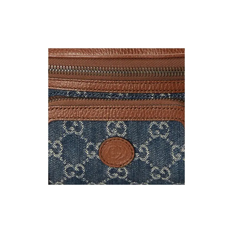 GUCCI Denim Embroidered Patchwork With Leather Trim Fanny Pack Women's Blue-7