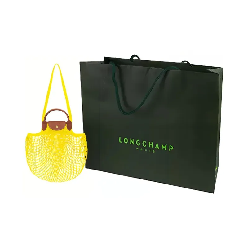 LONGCHAMP Le Pliage Filet Fabric With Leather Mesh Pocket Grid Bag Handbag Large Size Women's Neon Yellow-4