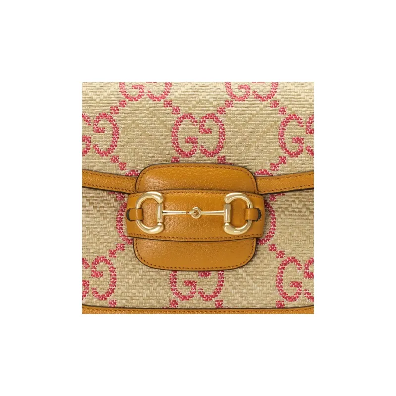 GUCCI Horsebit 1955 Raffia Effect With Leather Saddle Bag, Shoulder Bag Small Size Women's Beige, Yellow, & Red-7