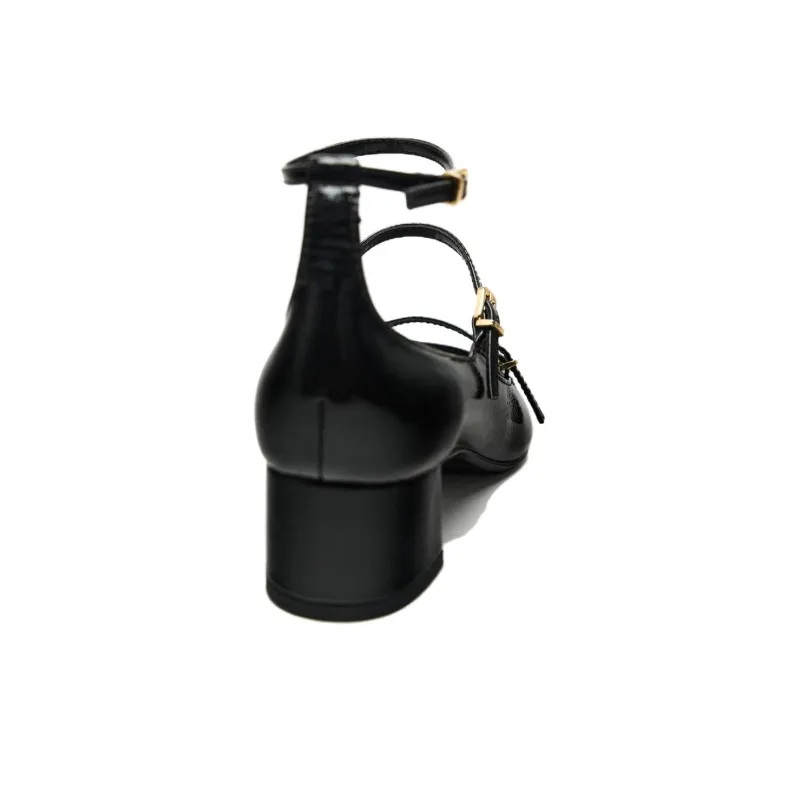 ZARA Chunky Heel Mary Jane Shoes 4cm Women's Black-3