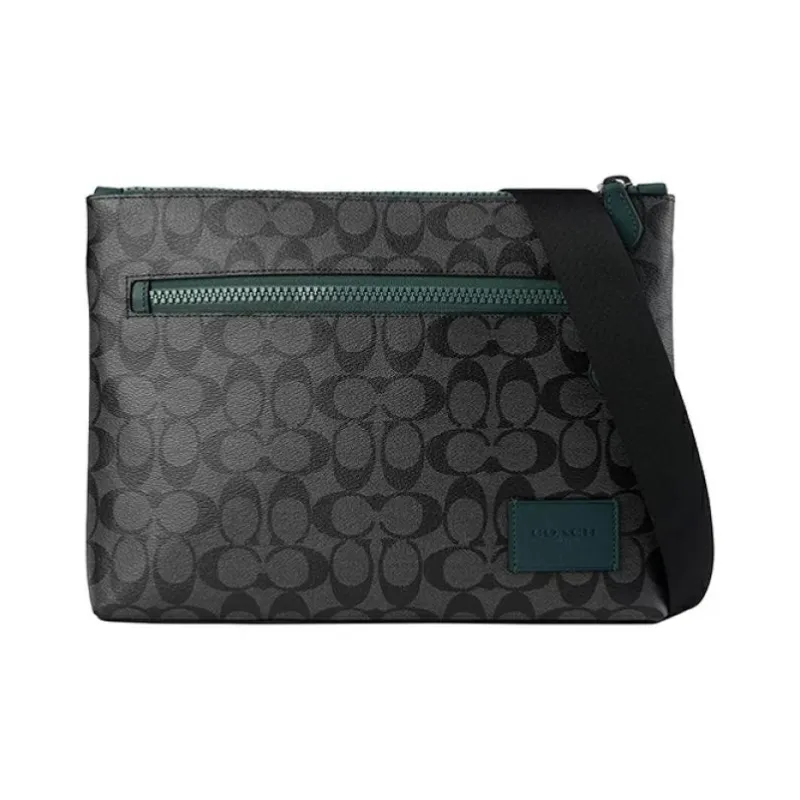 COACH Carrier Canvas Leather Crossbody Briefcase Tubas Men's Black Monogram & Green-5
