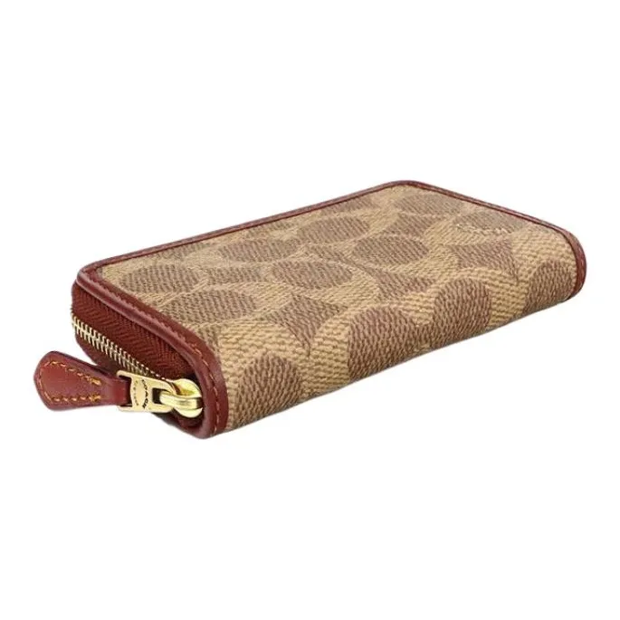 COACH Zip Around Canvas With Leather Clutch Card Holder, Wallet Unisex Brown-2