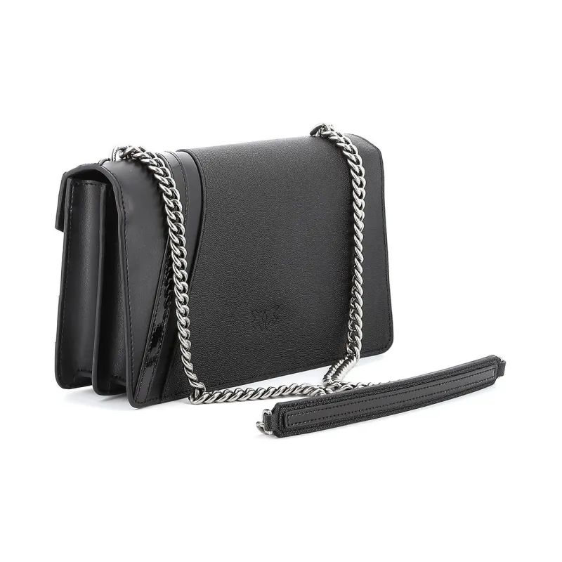 PINKO Patent Leather Patchwork Cow Leather Swallow Bag, Crossbody Bag Medium Size Women's Black-3
