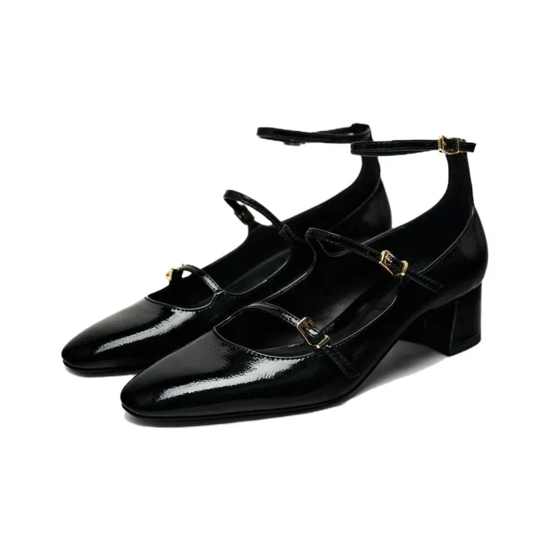 ZARA Chunky Heel Mary Jane Shoes 4cm Women's Black-1
