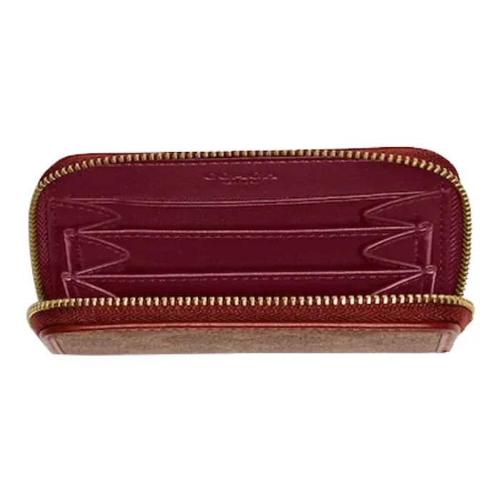 COACH Zip Around Canvas With Leather Clutch Card Holder, Wallet Unisex Brown-3