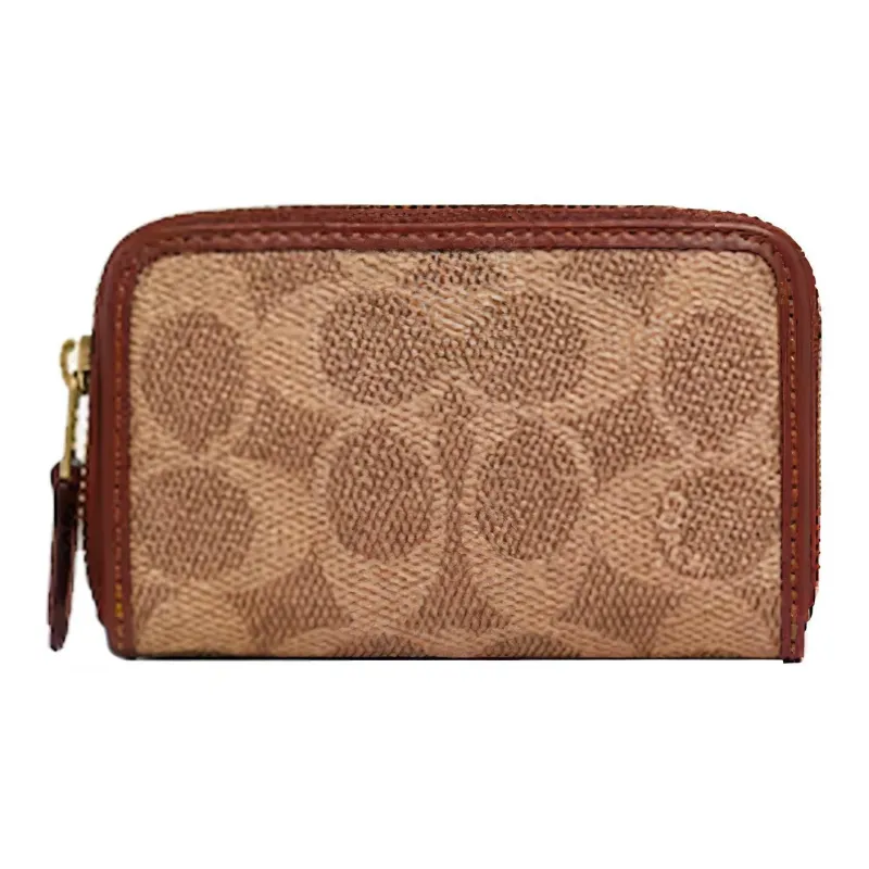 COACH Zip Around Canvas With Leather Clutch Card Holder, Wallet Unisex Brown-0