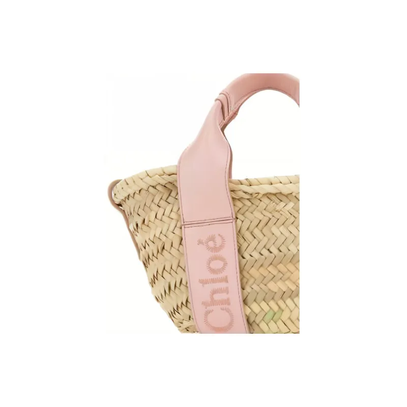 Chloe Raffia With Smooth Calfskin Shoulder Bag, Crossbody Bag, Handbag Small Size Women's Pink-3