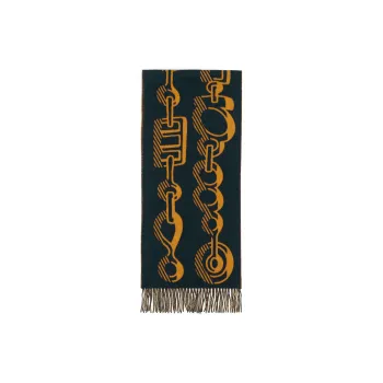 HERMES Cashmere Knit Scarves Women's Black Blue/Ochre Yellow