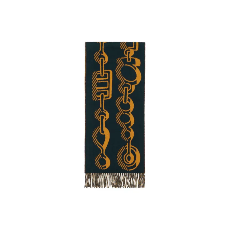 HERMES Cashmere Knit Scarves Women's Black Blue/Ochre Yellow-0