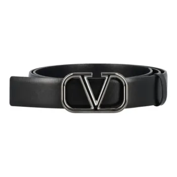 Valentino Emblem Smooth Buckle Design Leather Belts Men's Black Width 3CM