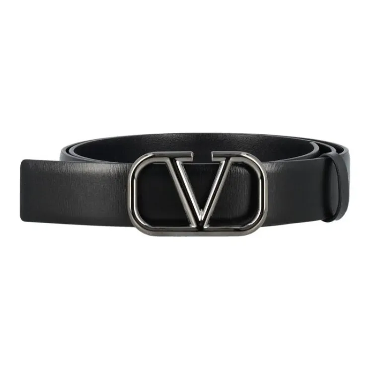 Valentino Emblem Smooth Buckle Design Leather Belts Men's Black Width 3CM-0