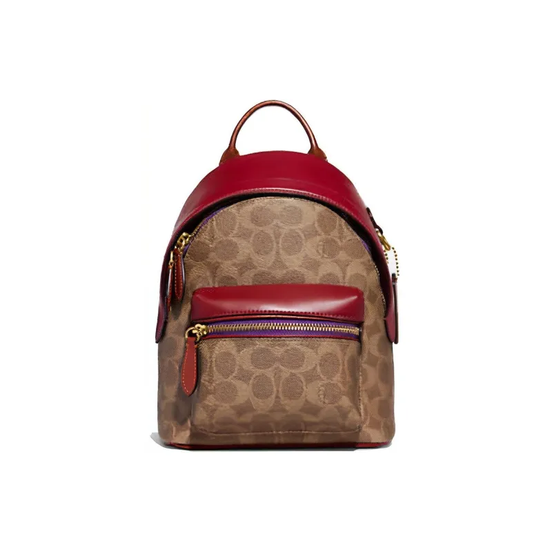COACH Charter Canvas With Leather Backpack Small Size Women's Brown & Red-0
