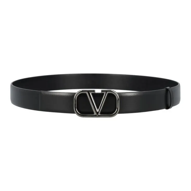 Valentino Emblem Smooth Buckle Design Leather Belts Men's Black Width 3CM-1