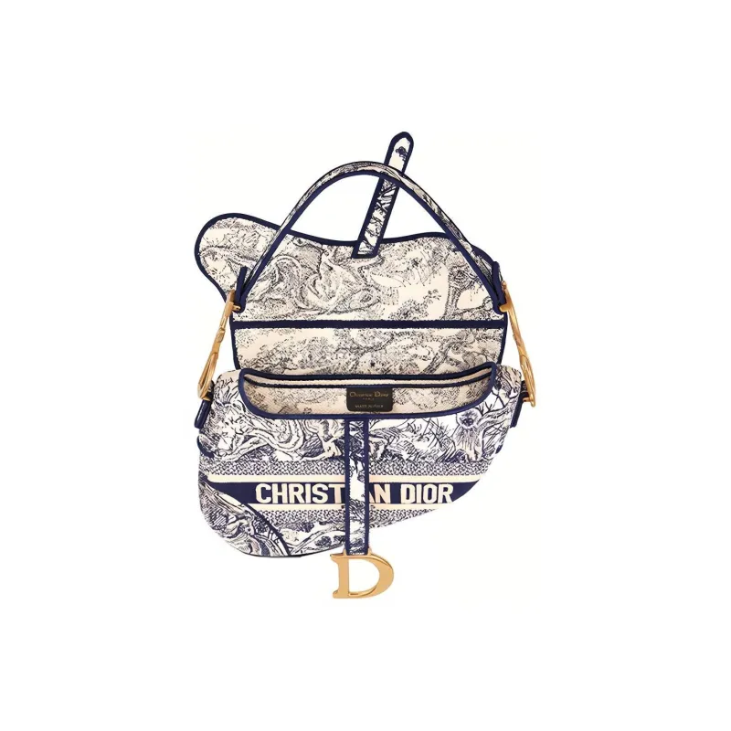 DIOR Saddle Embroidery Saddle Bag, Shoulder Bag, Handbag Medium Size Women's Blue-3