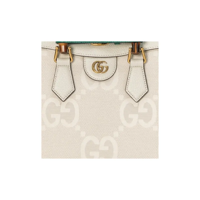 GUCCI Diana Canvas Leather Trim Canvas Bag Tote Bag Shopping Bag Shoulder Bag Crossbody Bag Small Size Women's White-9