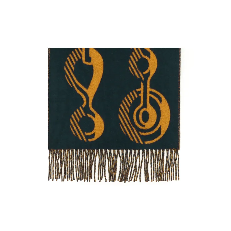 HERMES Cashmere Knit Scarves Women's Black Blue/Ochre Yellow-2