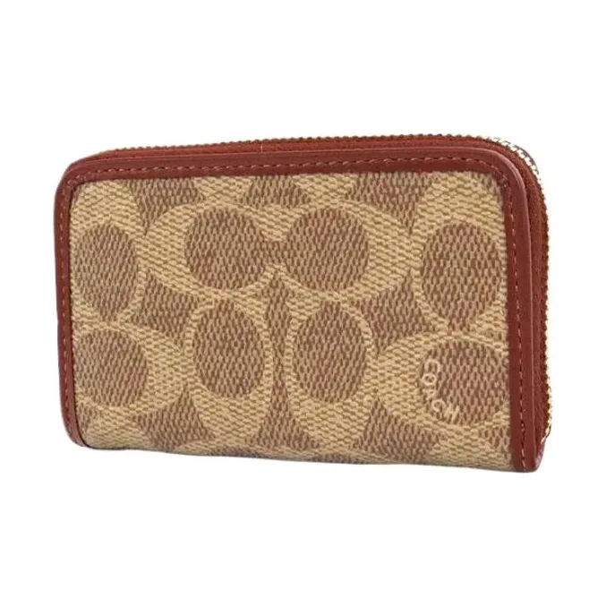 COACH Zip Around Canvas With Leather Clutch Card Holder, Wallet Unisex Brown-1