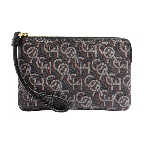 COACH Corner Zip Canvas With Leather Wrist Bag Clutch Trumpets Women's Black