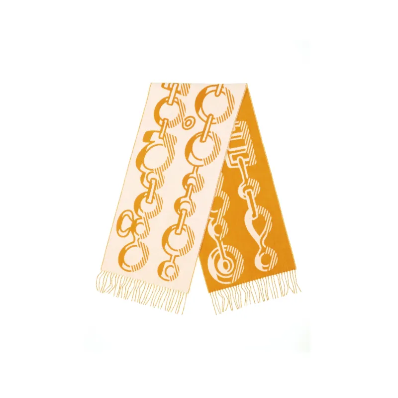 HERMES Knit Scarves Women's Ivory White/Red Ochre Yellow-1