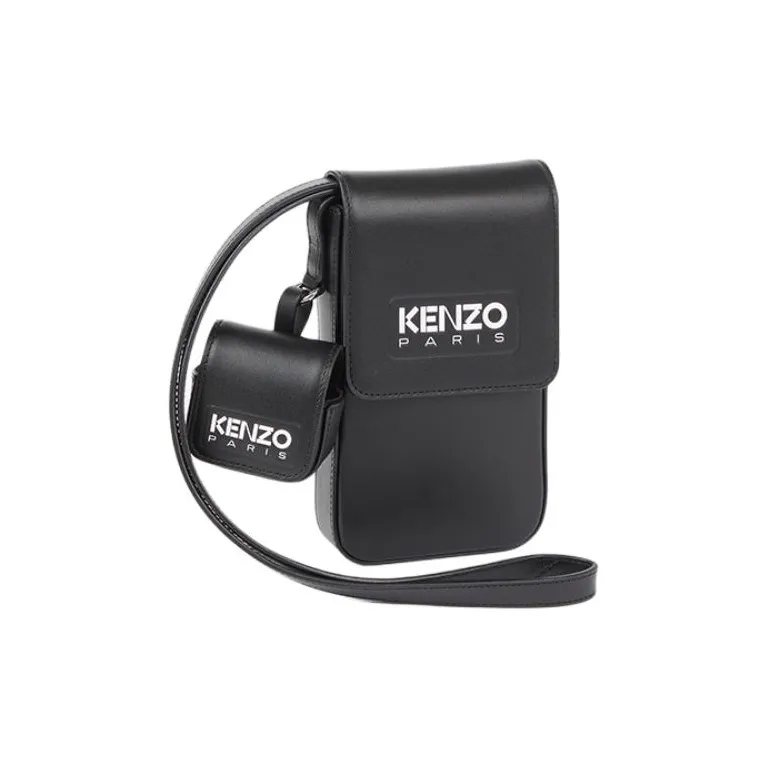KENZO Cow Leather One Shoulder Crossbody Cell Phone Pouch Unisex Black-0