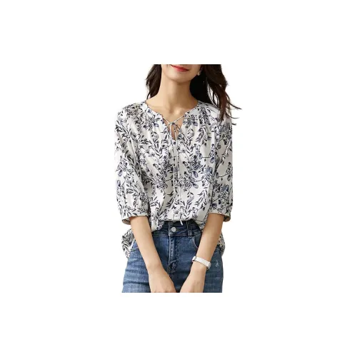 SENTUBILA Shirts Women's White Background With Blue Flowers